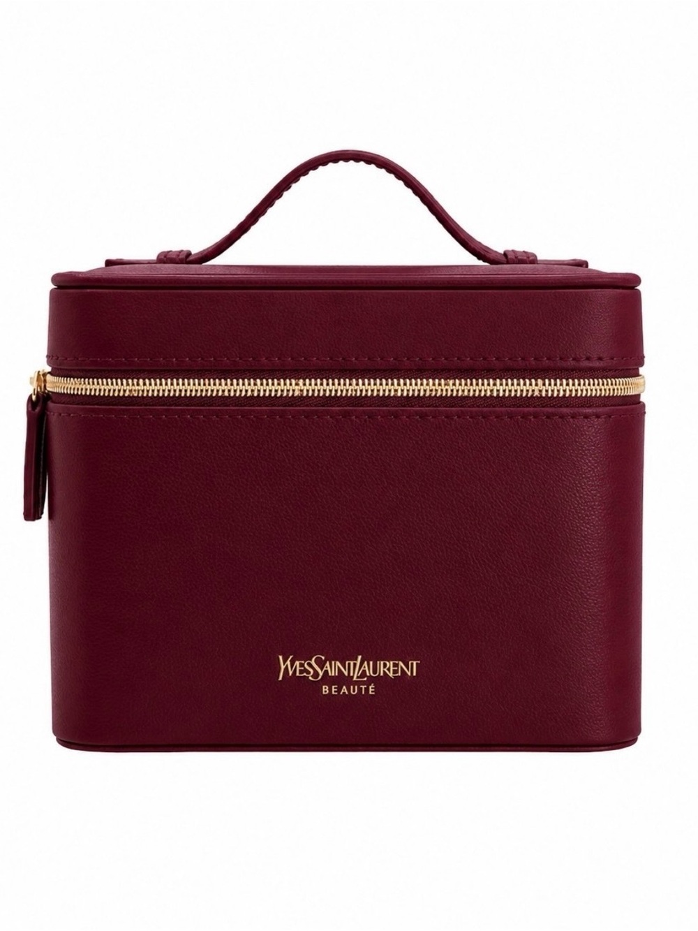 YSL Beauté burgundy vanity case with a gold-tone zipper & matching logo